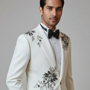 Ivory White Peak Lapel Tuxedo Blazer with Black & Silver Floral Beaded Embroidery