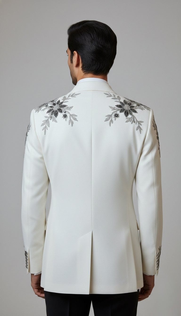 Ivory White Peak Lapel Tuxedo Blazer with Black & Silver Floral Beaded Embroidery - Image 5