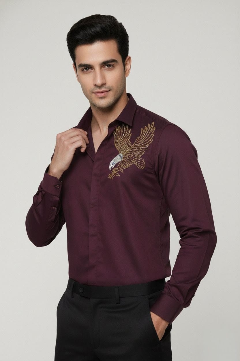 Men's Maroon Embroidered Eagle Formal Shirt - Image 5