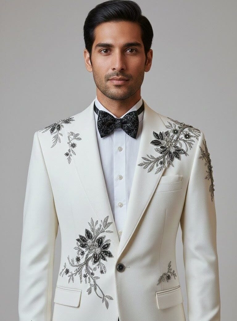 Ivory White Peak Lapel Tuxedo Blazer with Black & Silver Floral Beaded Embroidery - Image 2