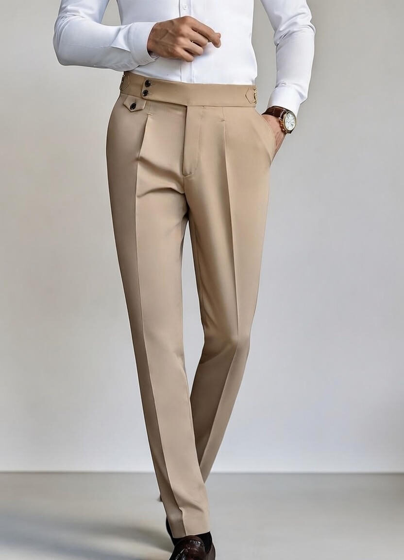 Men's Beige High Waisted Pleated Trouser