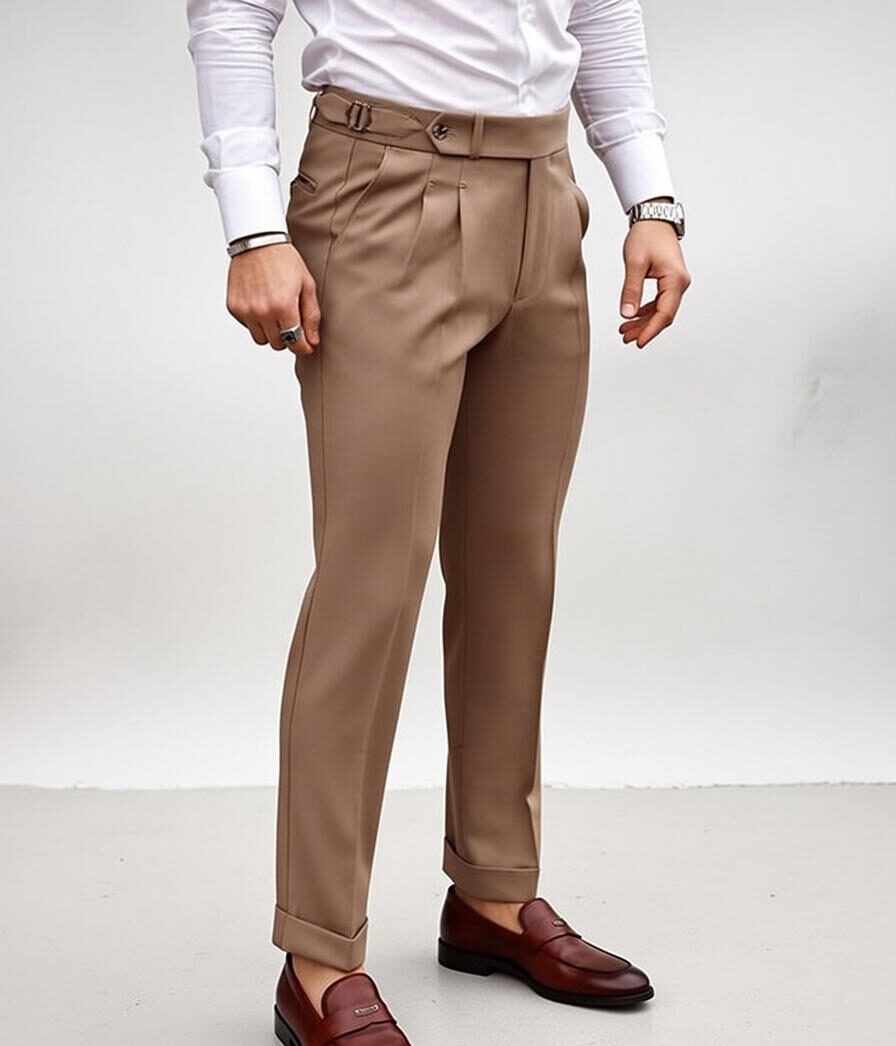 Men's Camel Brown High Waisted Pleated Trousers