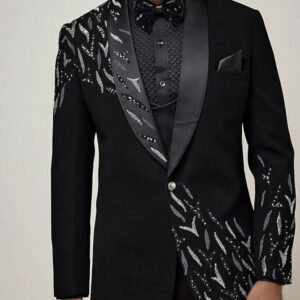 Black Shawl Lapel Tuxedo with Silver Crystal Leaf Embroidery