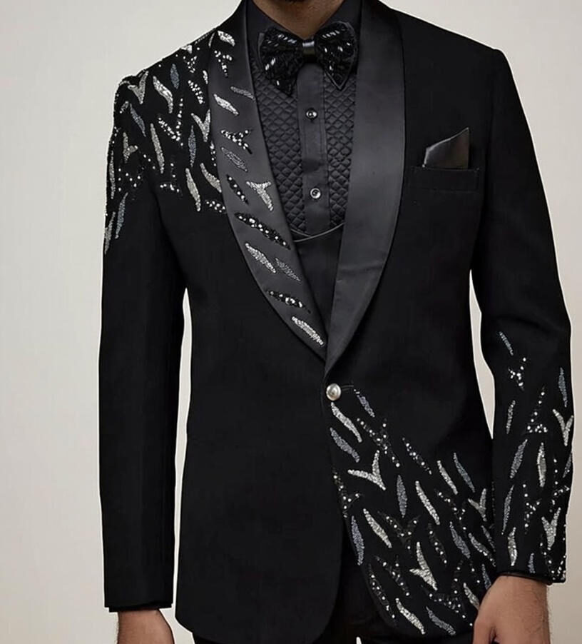 Black Shawl Lapel Tuxedo with Silver Crystal Leaf Embroidery
