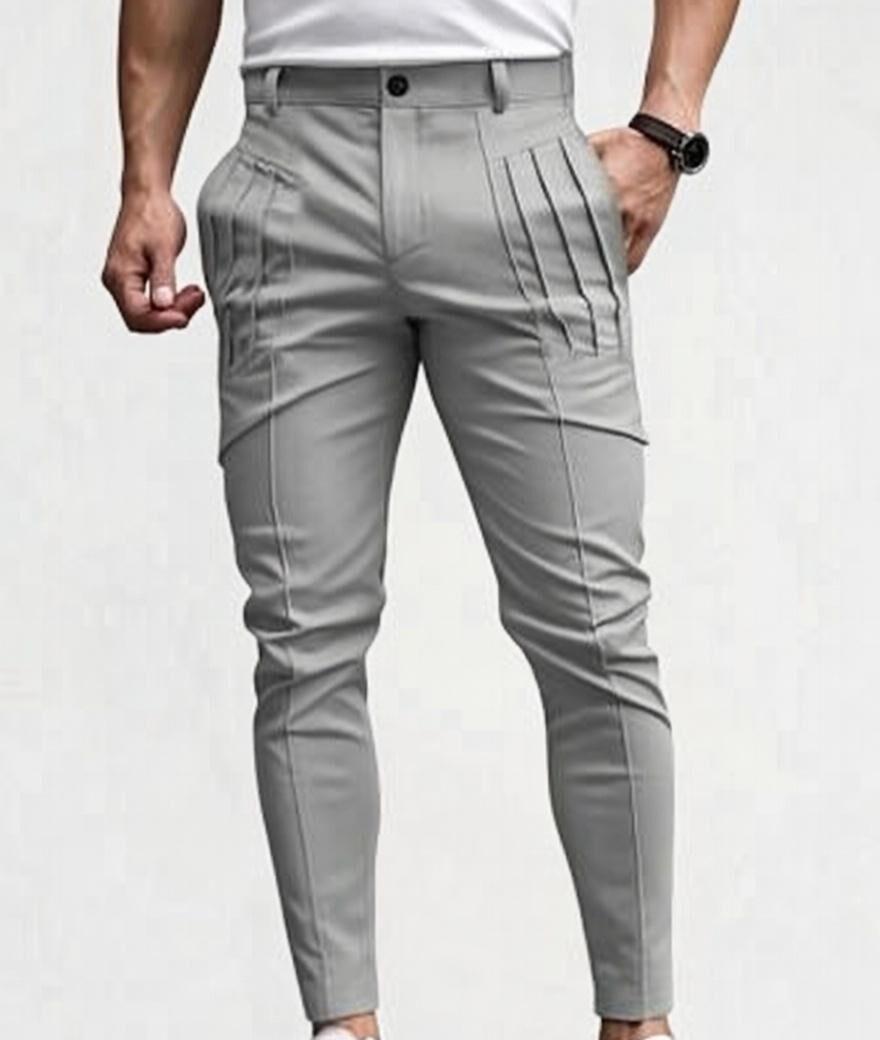 Men's Light Grey Slim Fit Pleated Trousers