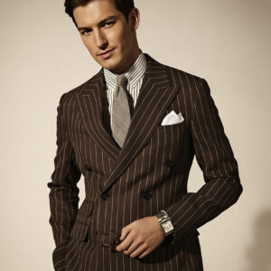 Men's Brown Pinstripe Double-Breasted Suit Blazer