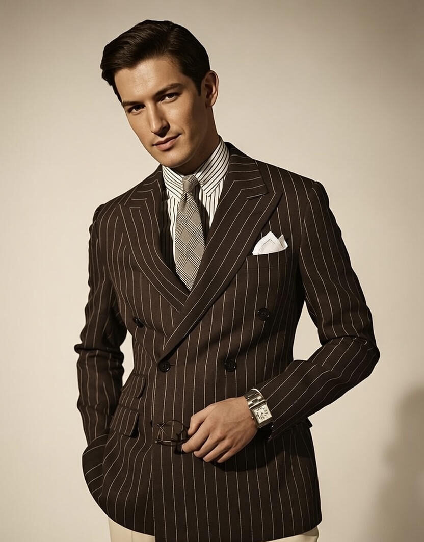 Men's Brown Pinstripe Double-Breasted Suit Blazer