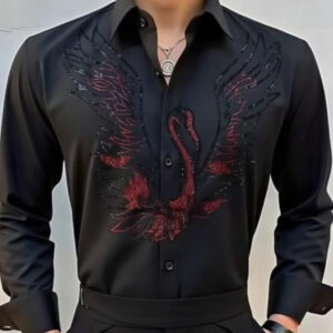 Luxury Black Embroidered Swan Dress Shirt
