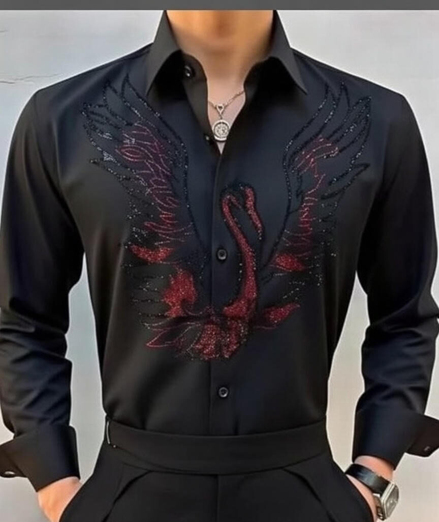 Luxury Black Embroidered Swan Dress Shirt