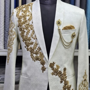 Ivory White Shawl Lapel Groom Tuxedo Blazer with Gold Floral Embroidery
