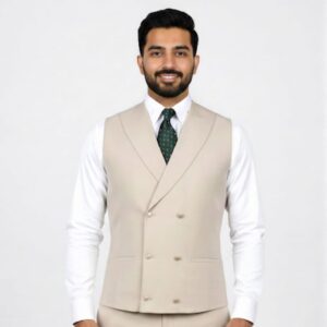 Beige Double Breasted 6-Button Waistcoat for Men
