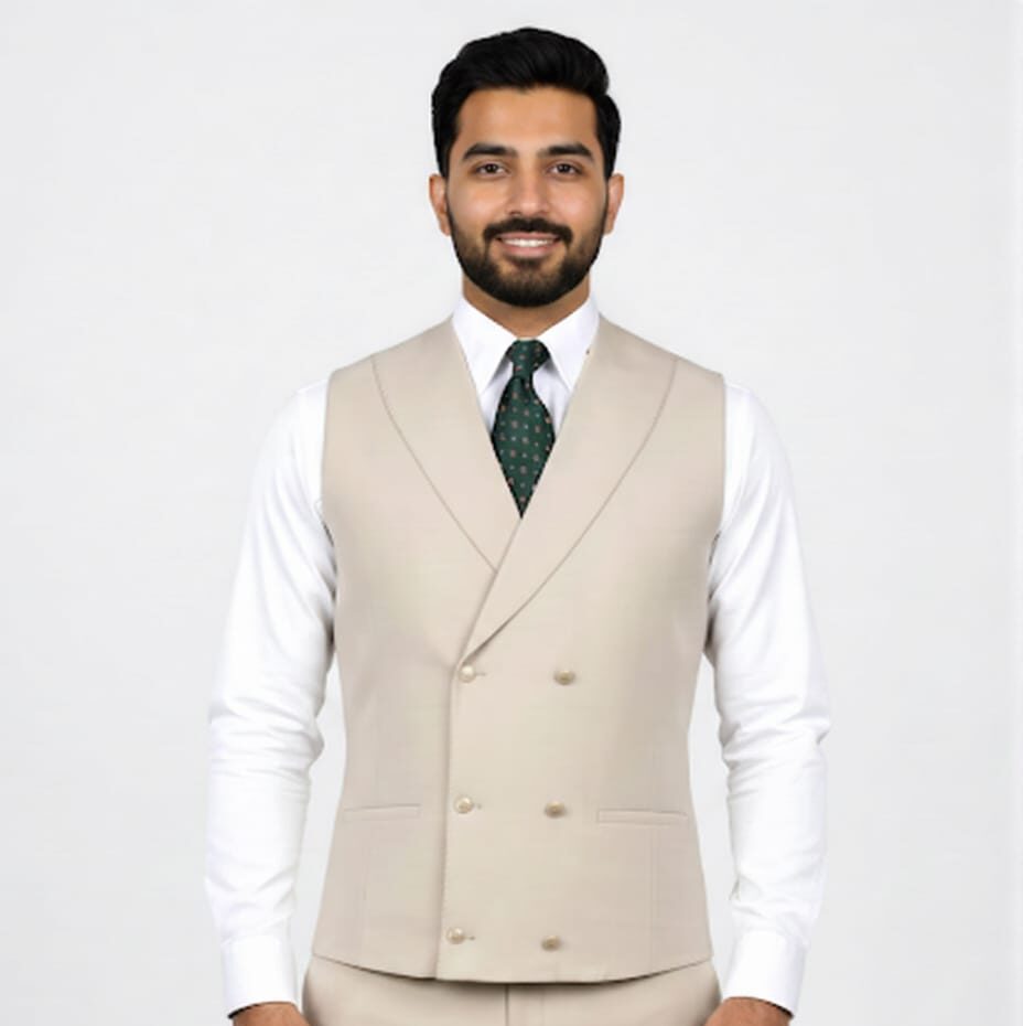 Beige Double Breasted 6-Button Waistcoat for Men