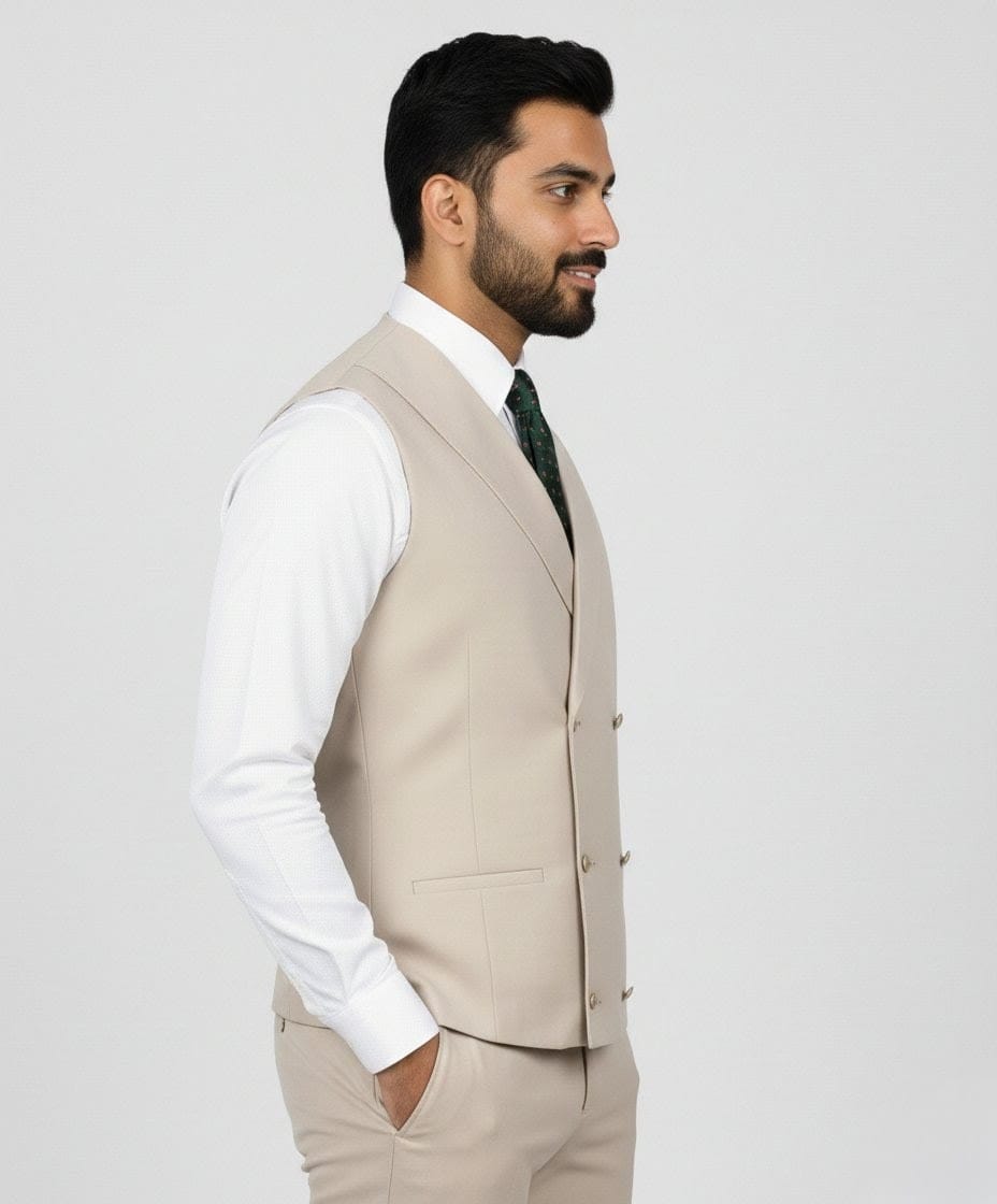 Beige Double Breasted 6-Button Waistcoat for Men - Image 3