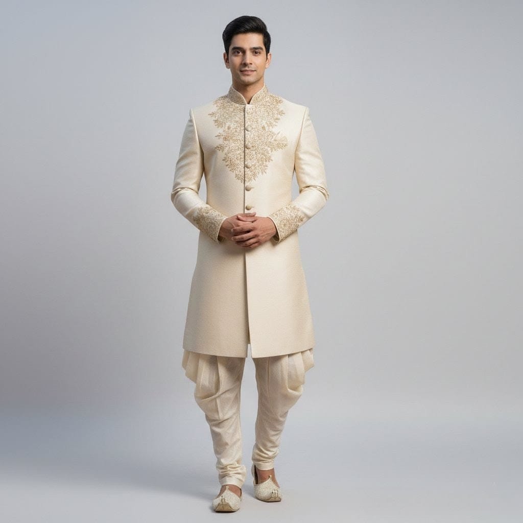 Cream Gold Embroidered Sherwani